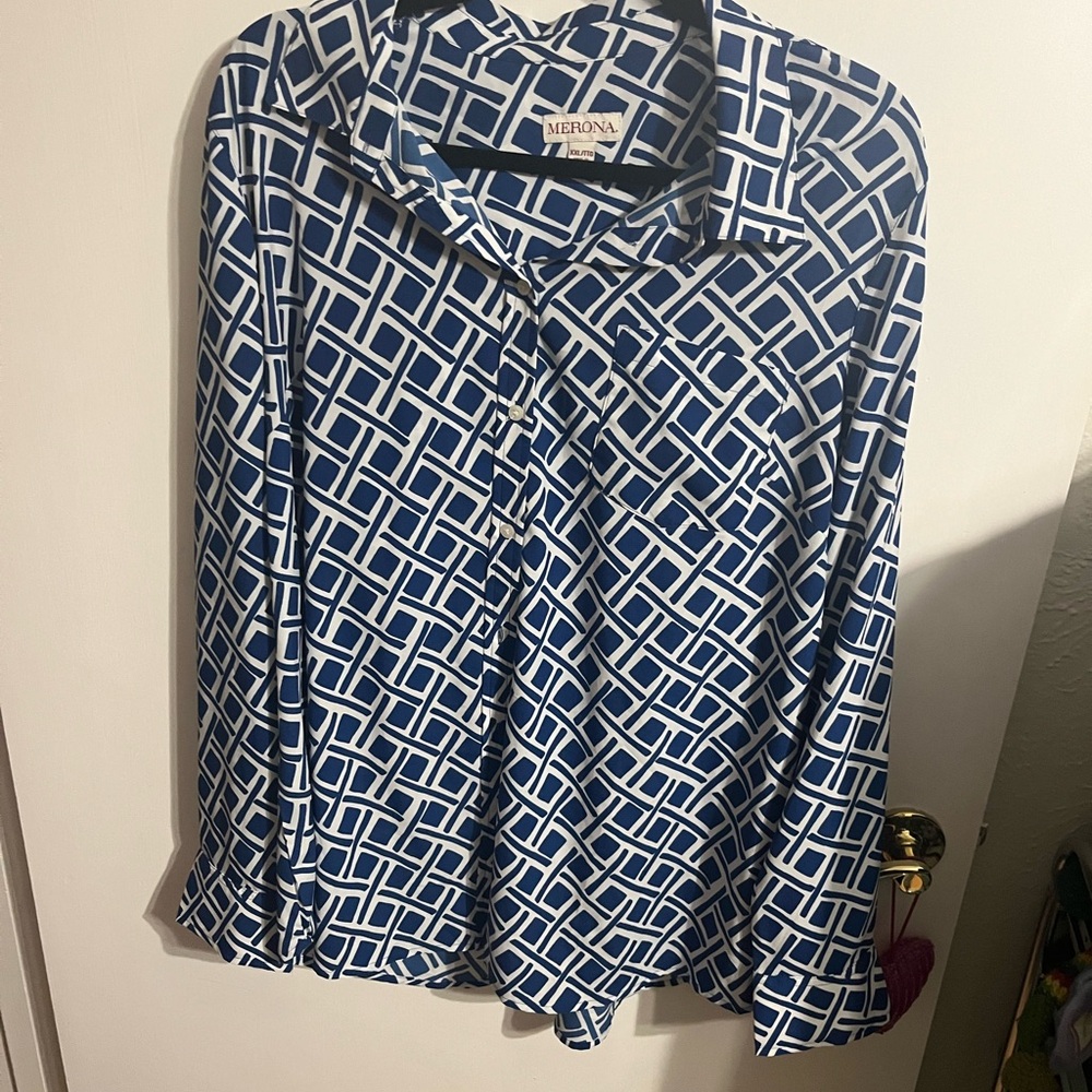 ❤️ XXL Merona Blue Geometric Print Women's Button Down Top - Picture 3 of 10